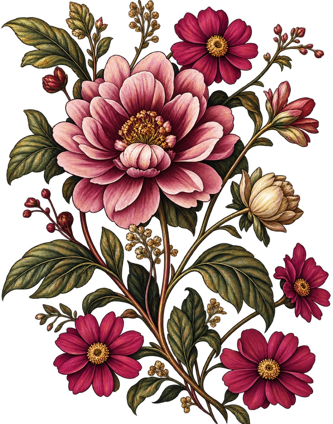 Vintage botanical flowers in pink, burgundy, cream and green for the Abbey Johanna Modern Folk collection.