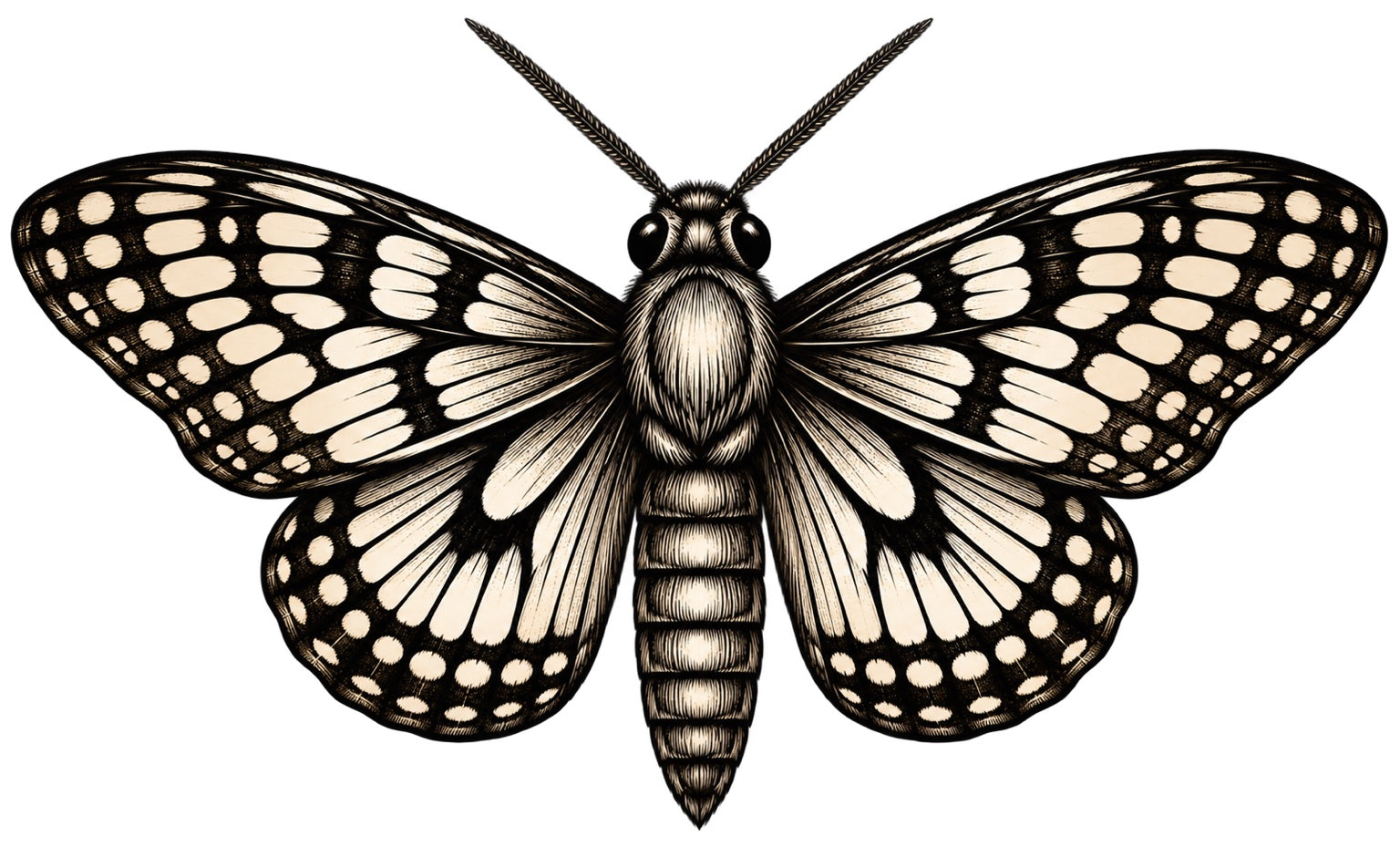 Vintage black and cream moth illustration for the Abbey Johanna Night Garden collection.