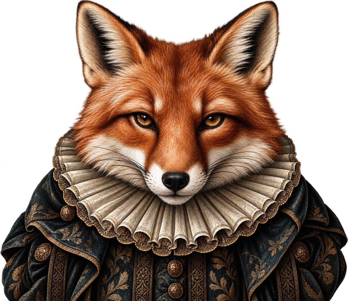 Regal red fox in an ornate ruff and dark patterned coat for the Abbey Johanna Odd Company collection.