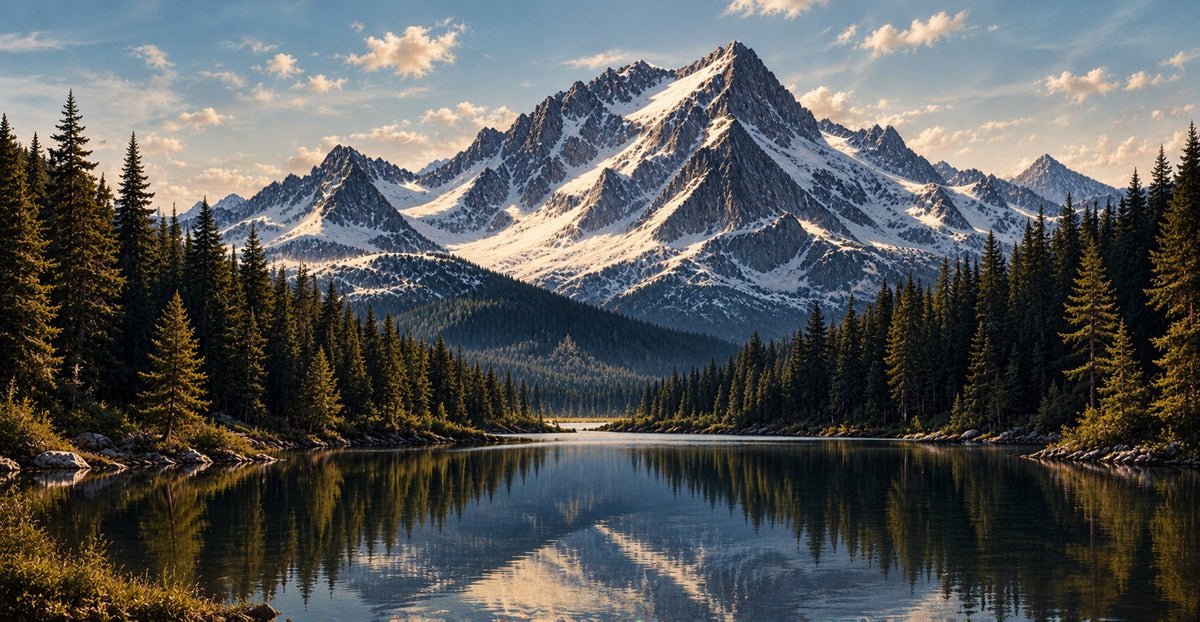 Snow-covered mountain reflected in a forest lake for the Abbey Johanna Wander collection.