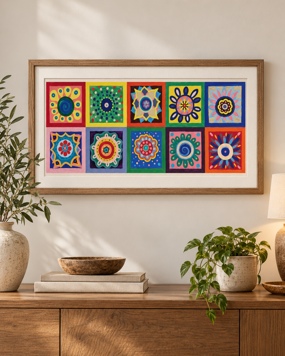 Folk Bloom Mandala Grid | Colorful Folk Wall Art — product image 1