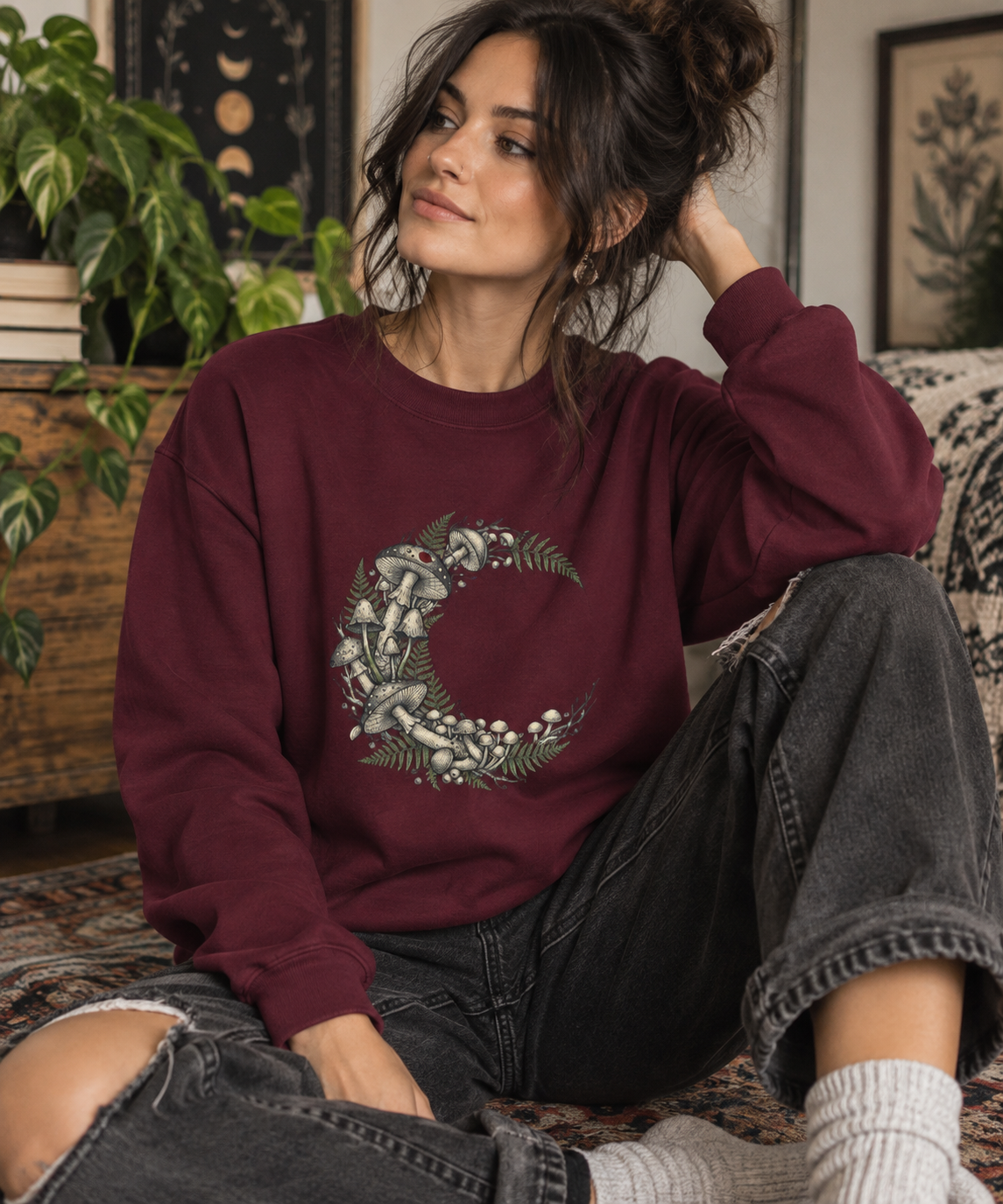 Crescent Moon Floral Wreath Sweatshirt | Gothic Botanicals — view 4
