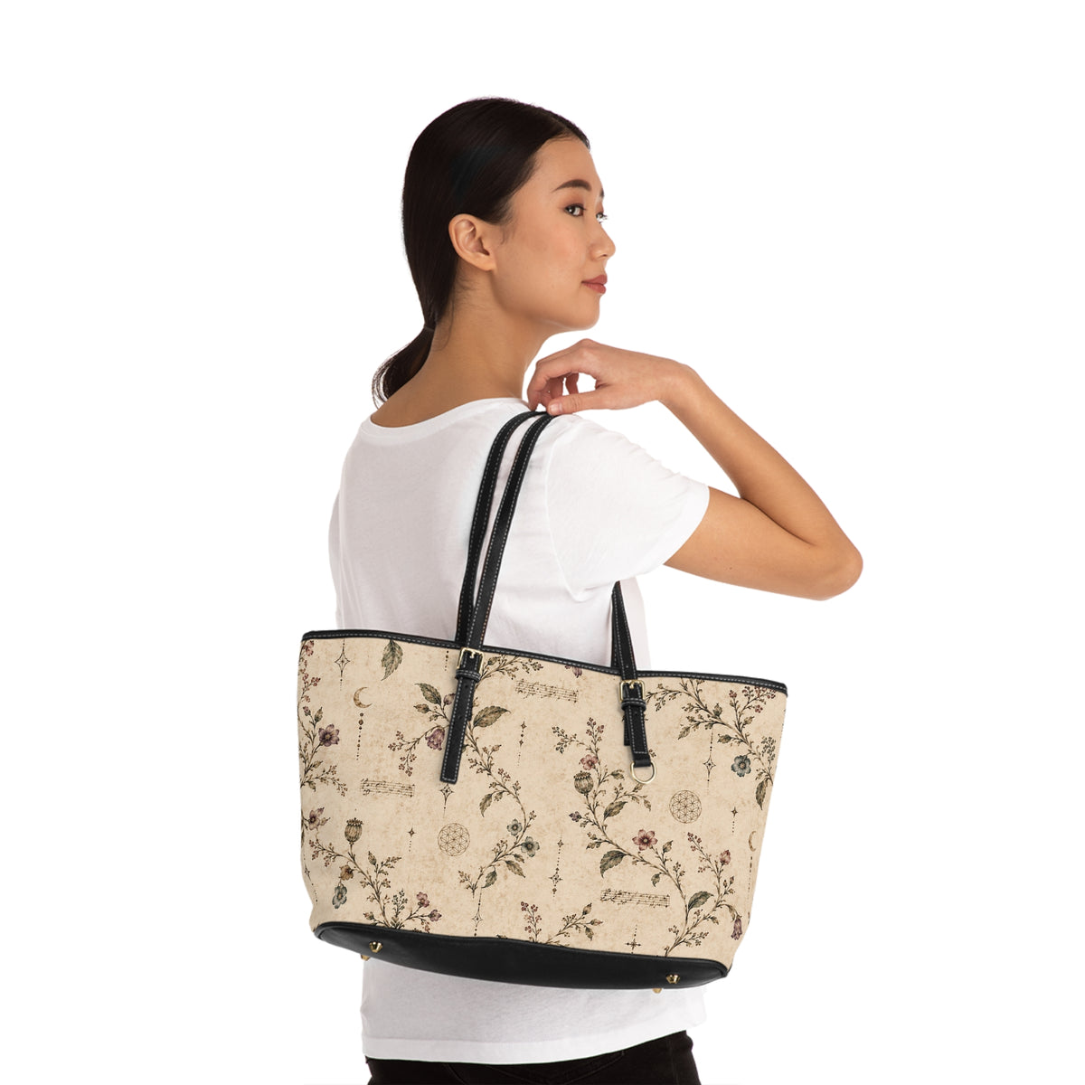 Floral Vintage Leather Over-Sized Shoulder Bag – Beige Botanical Shoulder Purse — view 5