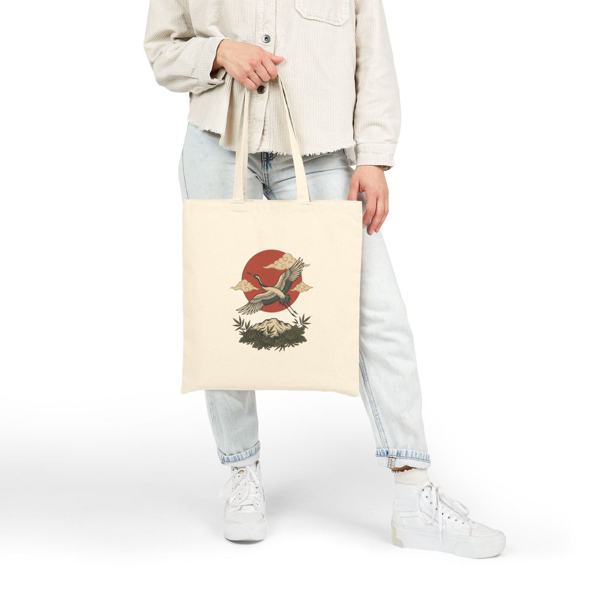 Vintage crane canvas tote with traditional tattoo-inspired bird and sun artwork — product view 7