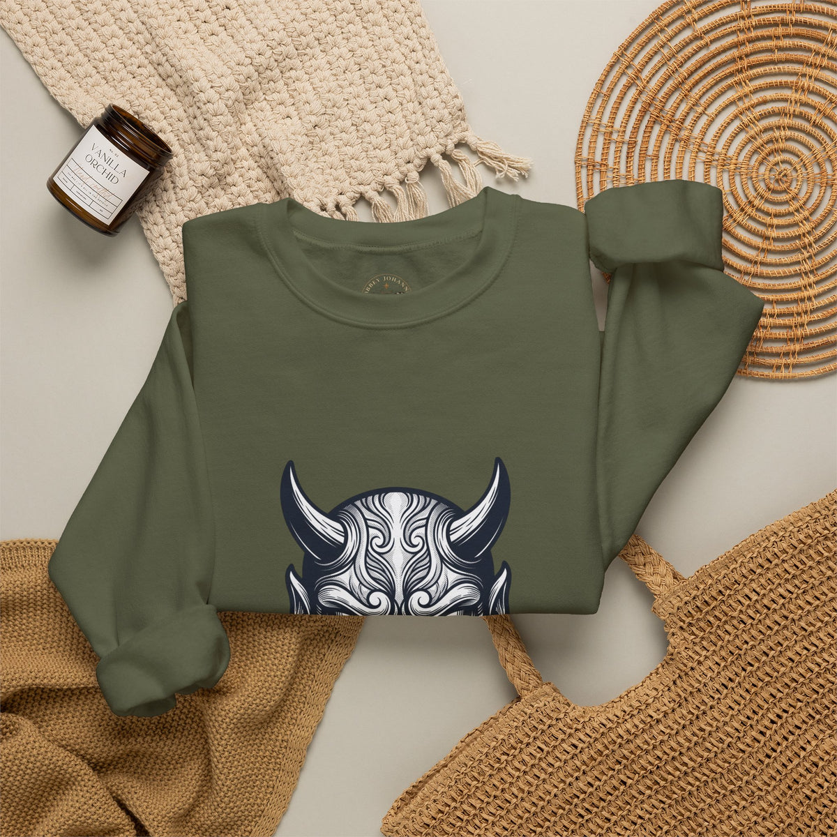Oni Mask Illustration Crewneck Sweatshirt | Traditional Tattoo-Inspired, Bold Flash Art — view 13
