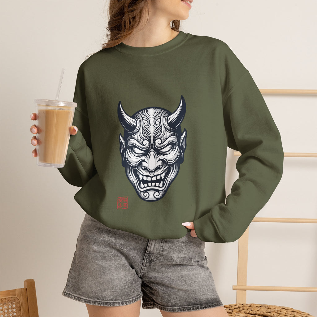 Oni Mask Illustration Crewneck Sweatshirt | Traditional Tattoo-Inspired, Bold Flash Art — view 14