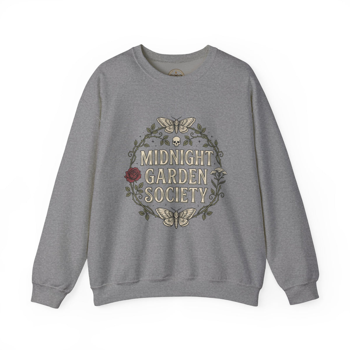 Midnight Garden botanical crest Sweatshirt | Gothic botanicals, floral skull motif — view 6