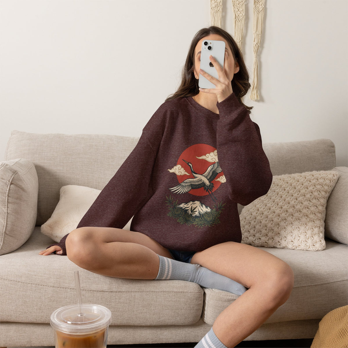 Traditional Tattoo-Style Crane Illustration Sweatshirt | Vintage Flash, Limited Palette — view 48