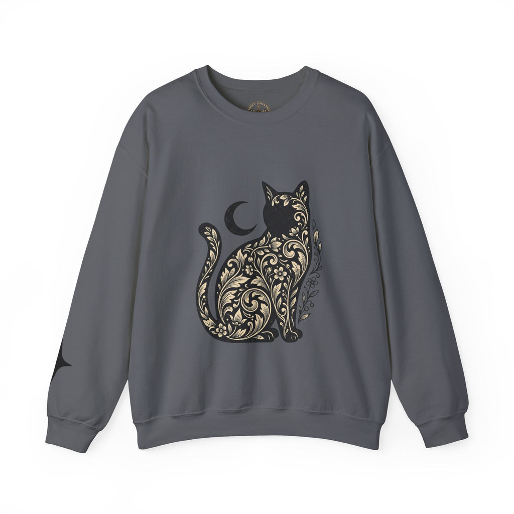 Gothic Botanical Cat Sweatshirt | Crescent Moon, Ornate Florals