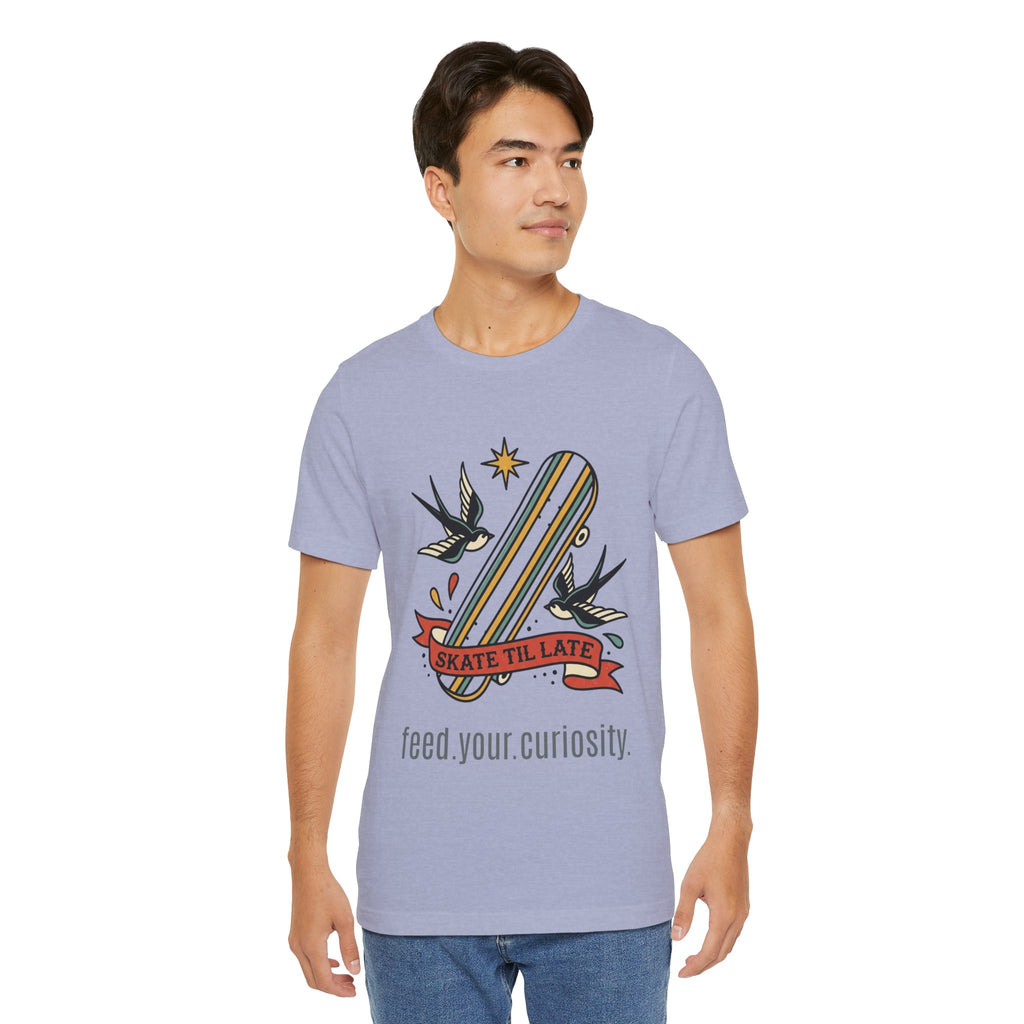 Skate Till Late Skateboard Tee | Traditional Tattoo Flash, Swallows & Banner — view 34