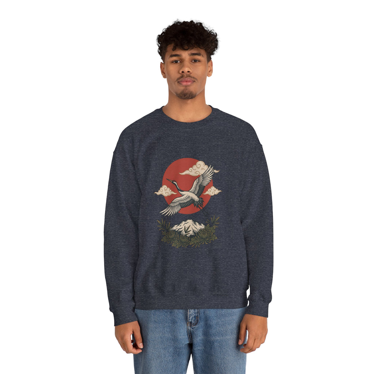 Traditional Tattoo-Style Crane Illustration Sweatshirt | Vintage Flash, Limited Palette — view 13