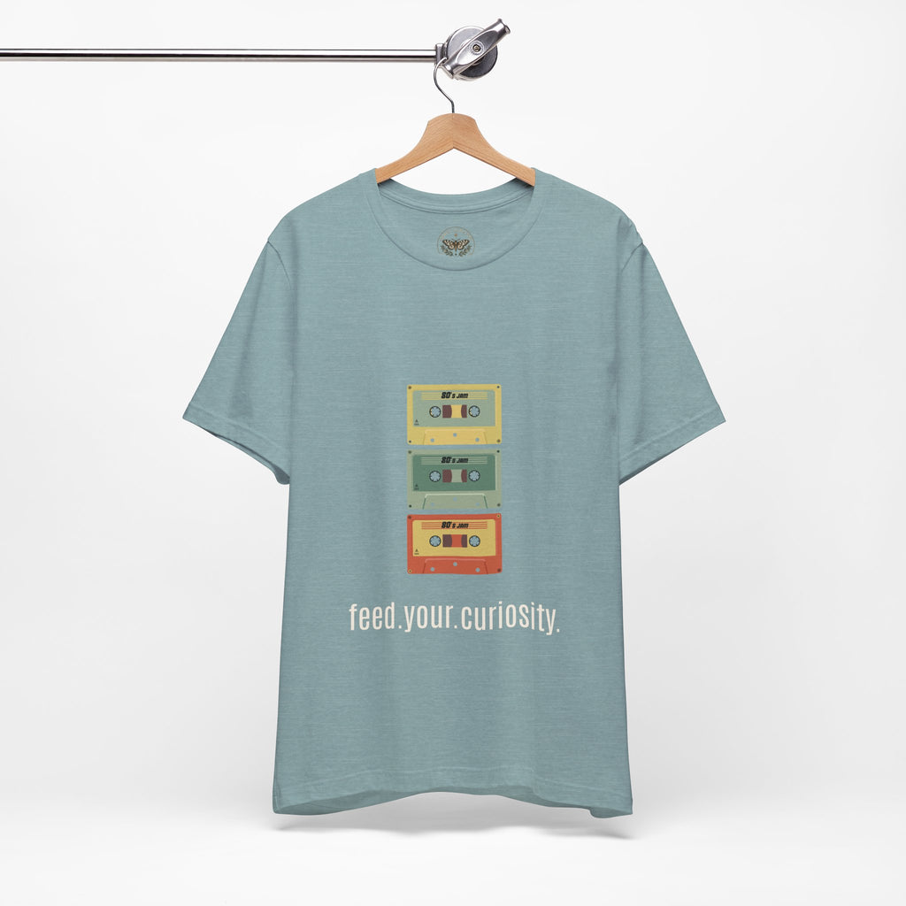 Feed Your Curiosity retro cassette tape graphic T-shirt — product view 1