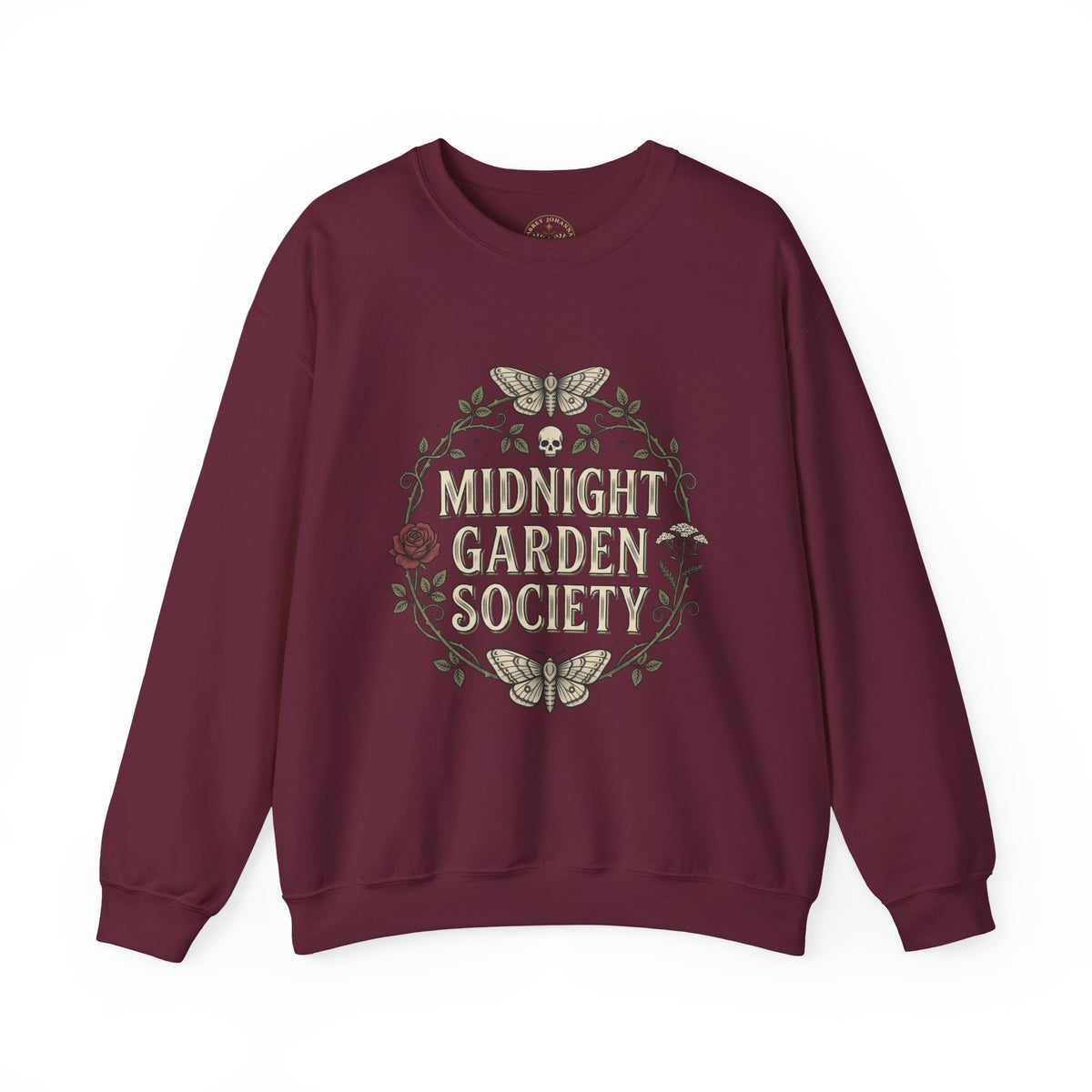 Midnight Garden botanical crest Sweatshirt | Gothic botanicals, floral skull motif — view 2