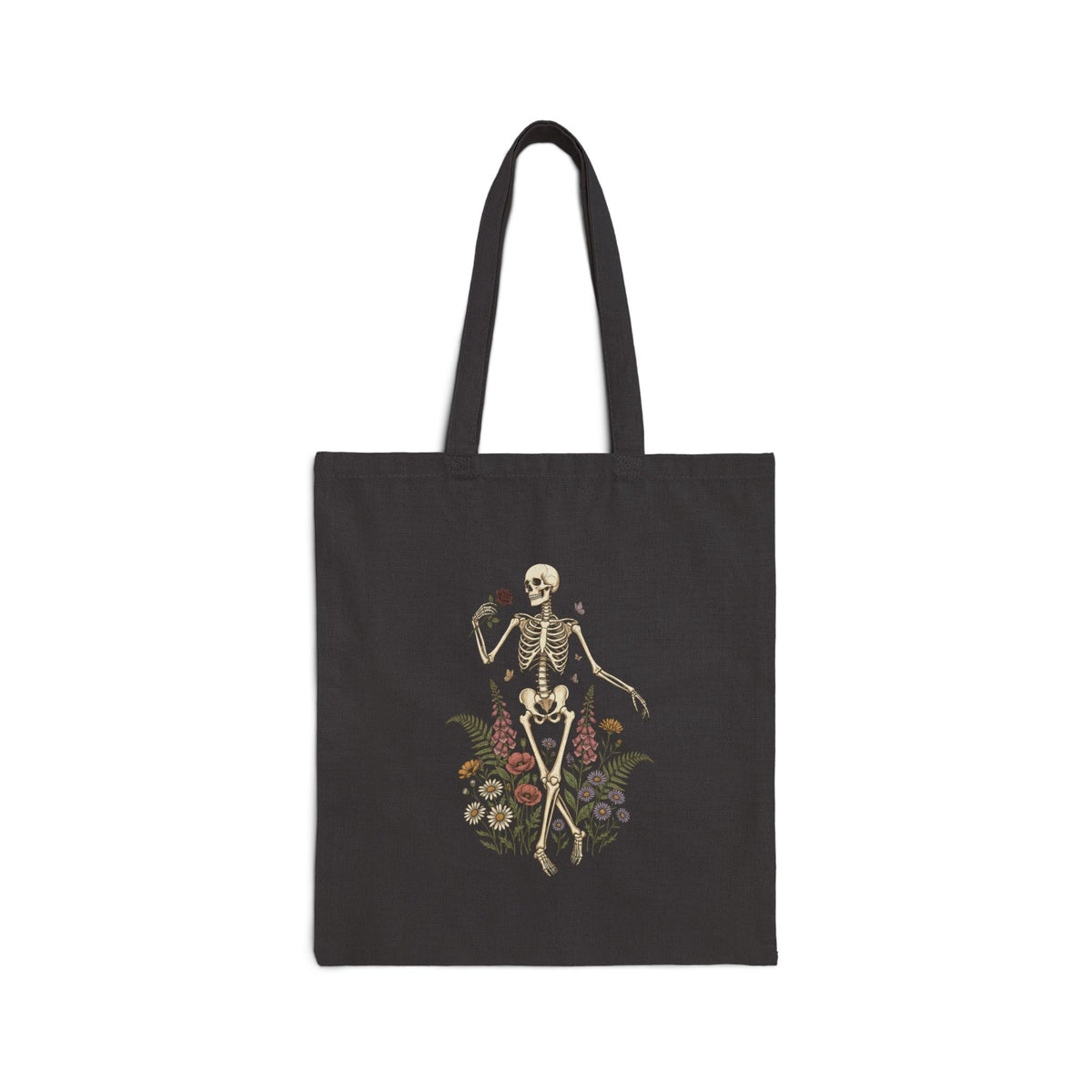 Skeleton with Wildflowers Tote | Gothic Botanicals canvas bag — view 3