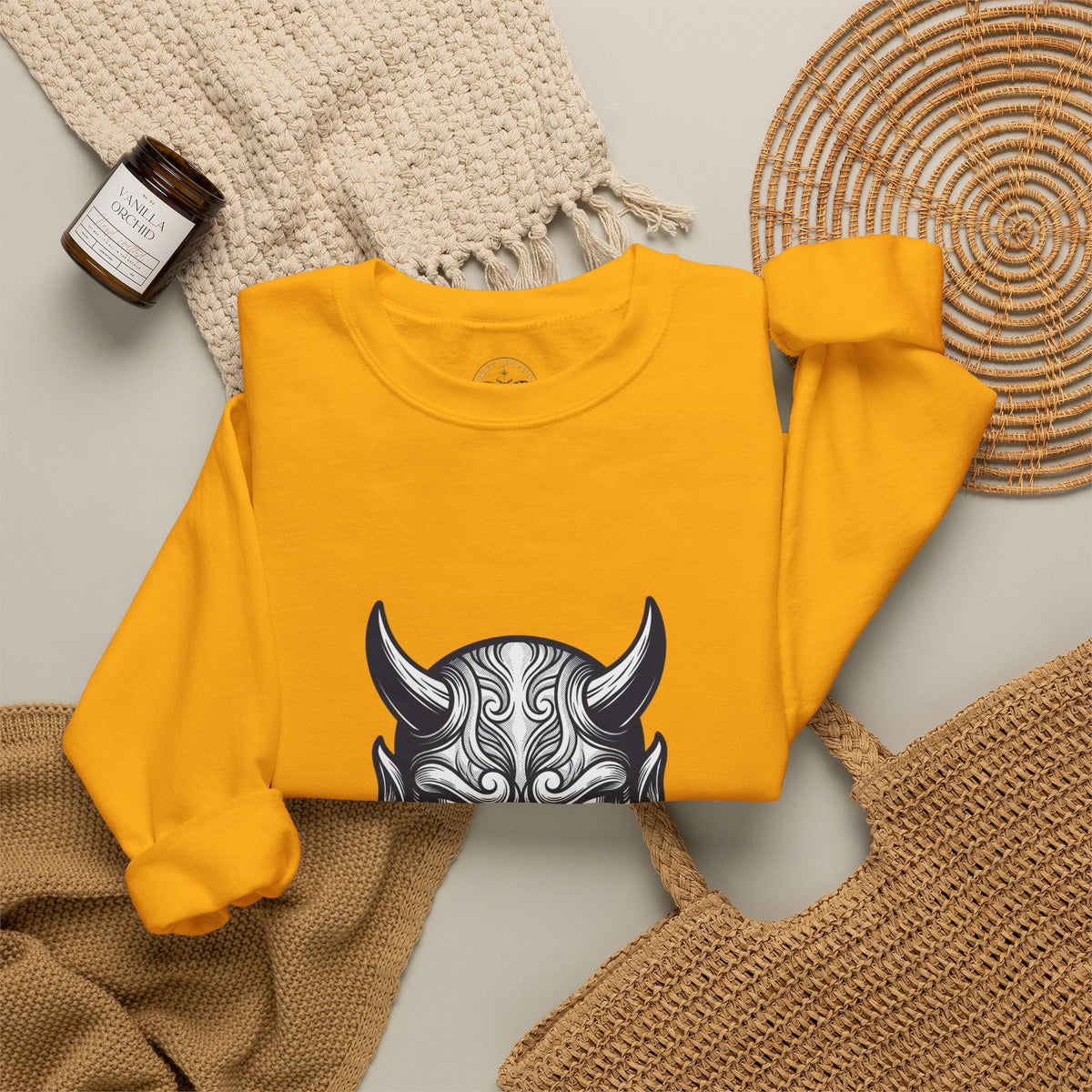 Oni Mask Illustration Crewneck Sweatshirt | Traditional Tattoo-Inspired, Bold Flash Art — view 10