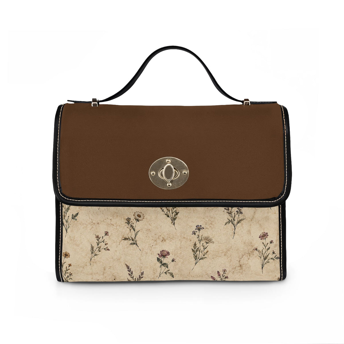 Vintage-Inspired Satchel Bag — Floral Accent, Leather Trim Waterproof Canvas Shoulder Bag — view 2