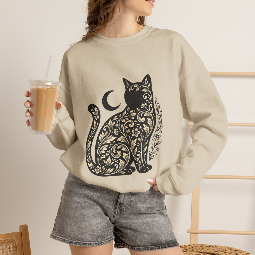 Gothic Botanical Cat Sweatshirt | Crescent Moon, Ornate Florals