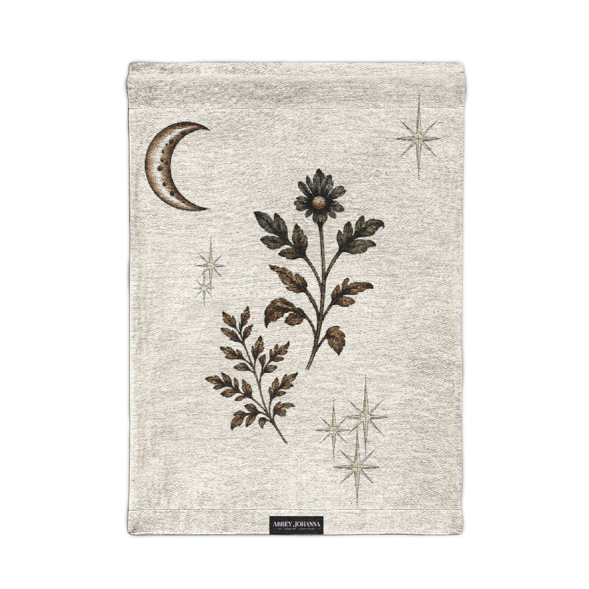 Botany Night No. 1 woven tapestry with crescent moon, botanicals, and stars by Abbey Johanna.