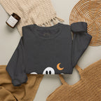 Cute Ghost Crewneck Sweatshirt — Trio of Ghosts with Crescent Moon (Halloween Pullover) — view 7