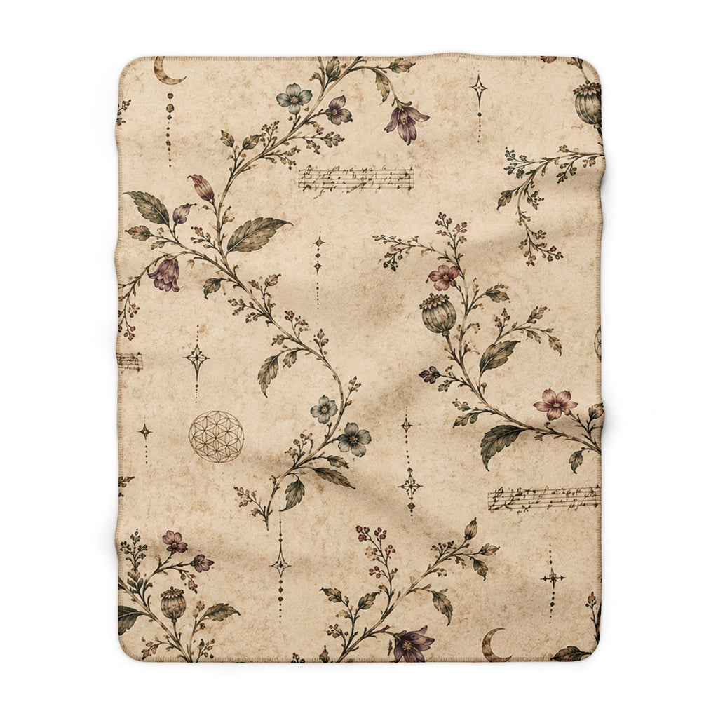 Vintage Floral Sherpa Blanket – Beige Botanical Fleece Throw