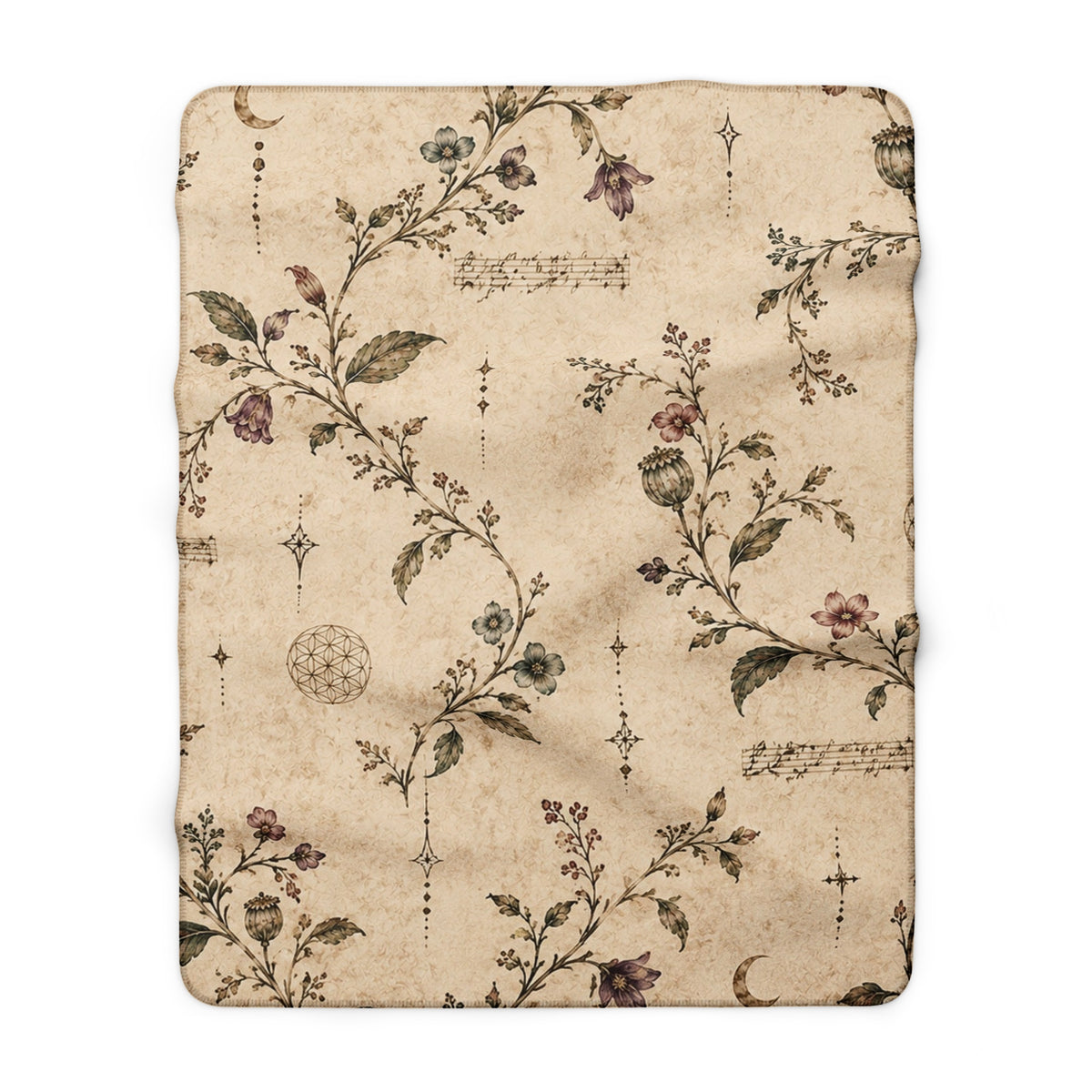 Vintage Floral Sherpa Blanket – Beige Botanical Fleece Throw