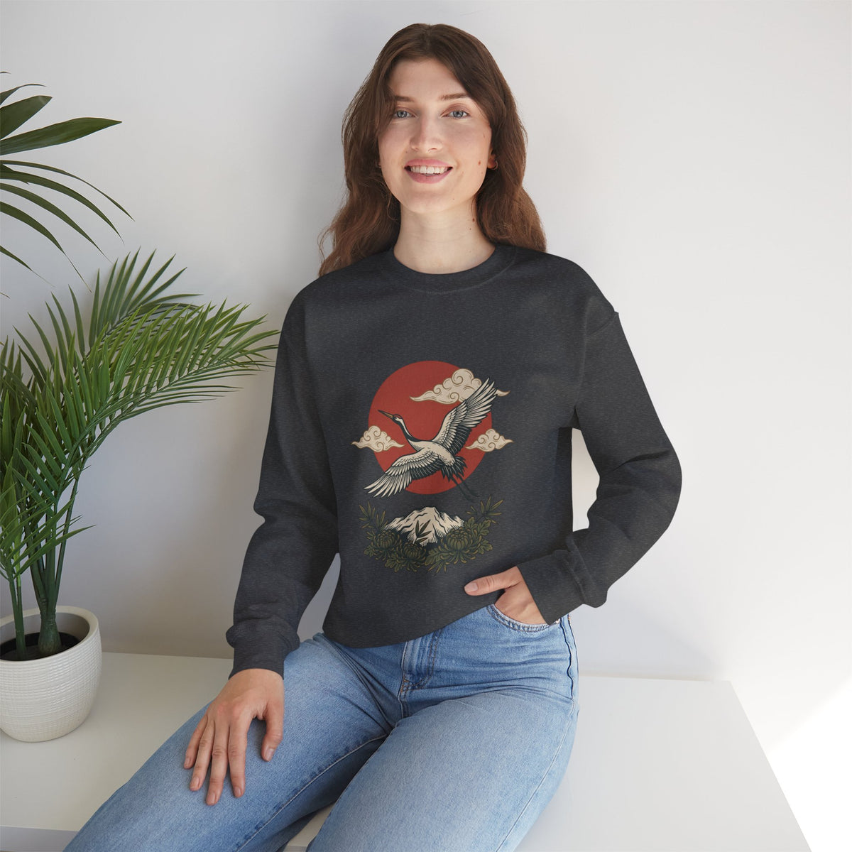Traditional Tattoo-Style Crane Illustration Sweatshirt | Vintage Flash, Limited Palette — view 70