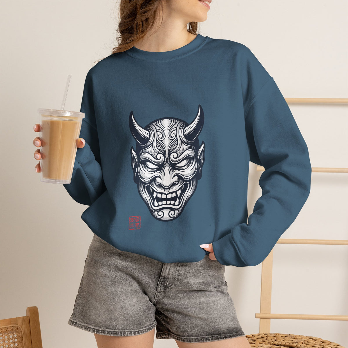 Oni Mask Illustration Crewneck Sweatshirt | Traditional Tattoo-Inspired, Bold Flash Art — view 25