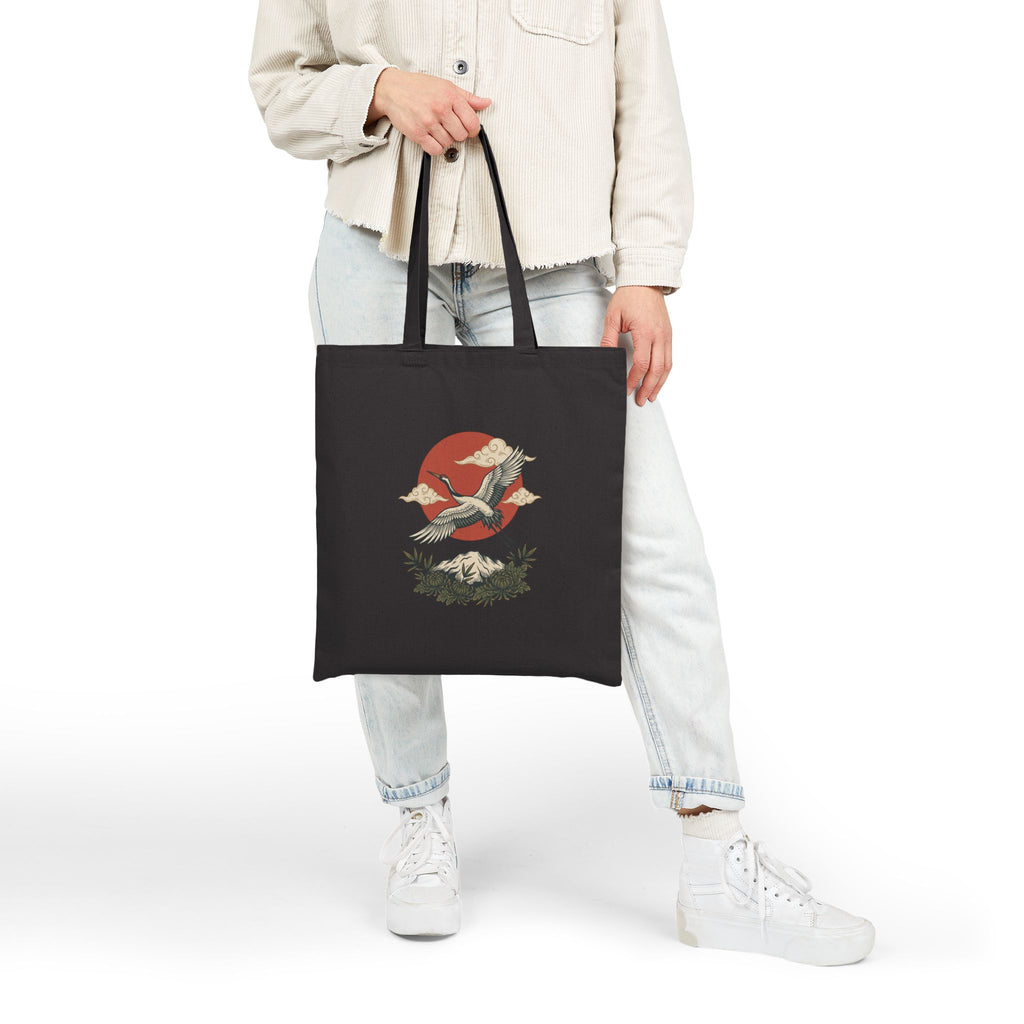 Vintage crane canvas tote with traditional tattoo-inspired bird and sun artwork — product view 20