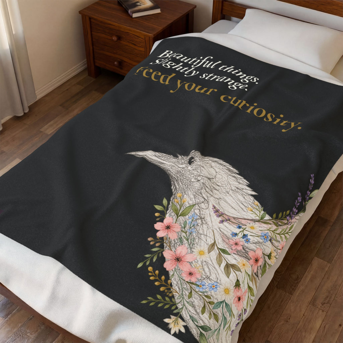 Stay Curious raven and botanical plush throw blanket by Abbey Johanna — product view 3