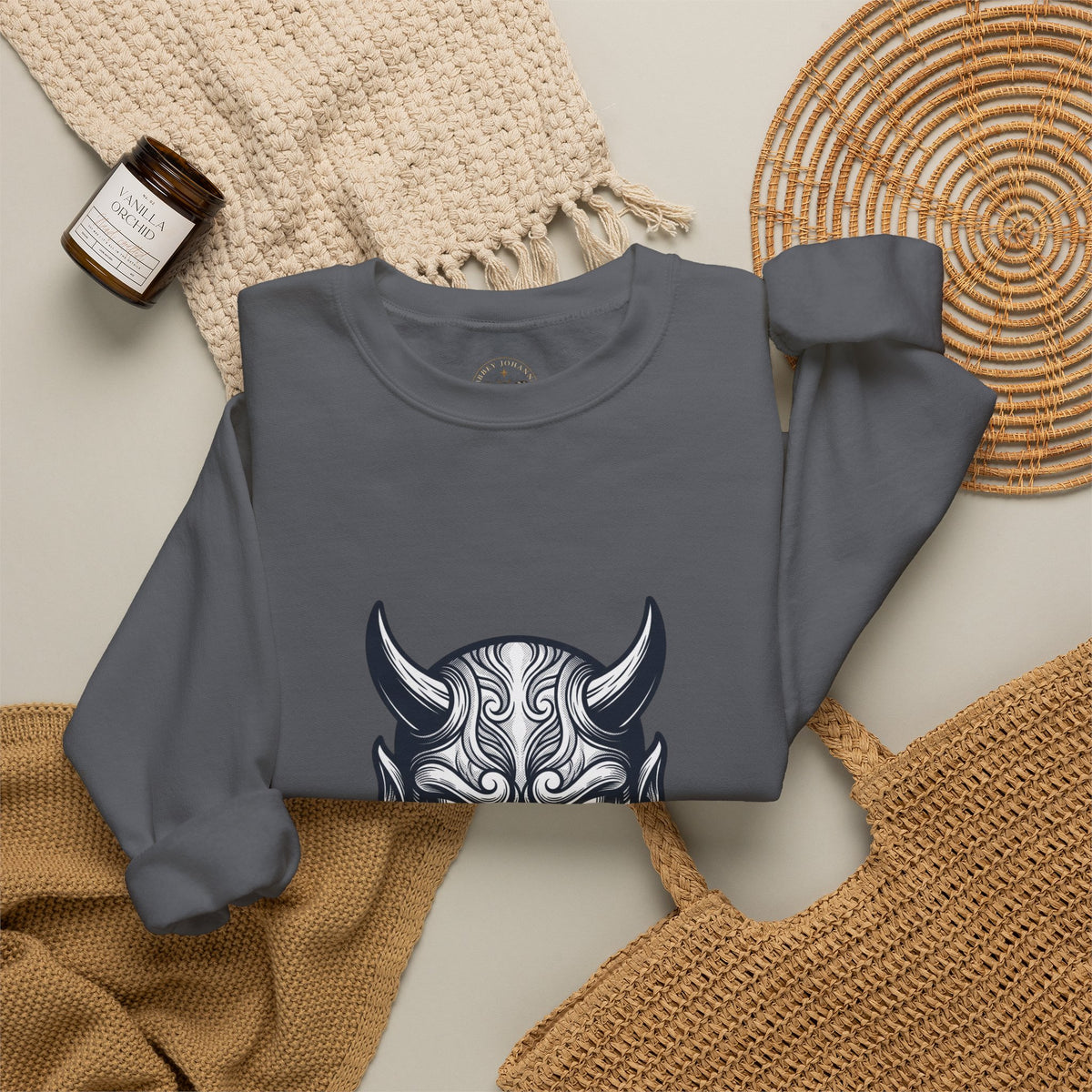 Oni Mask Illustration Crewneck Sweatshirt | Traditional Tattoo-Inspired, Bold Flash Art — view 24