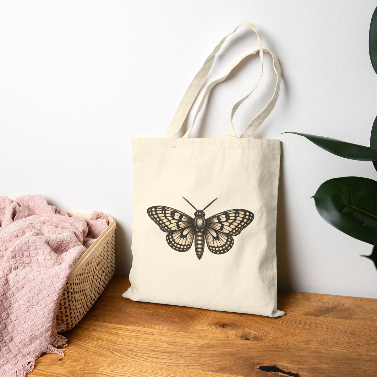 Cute Moth cotton canvas tote bag with Abbey Johanna moth artwork.