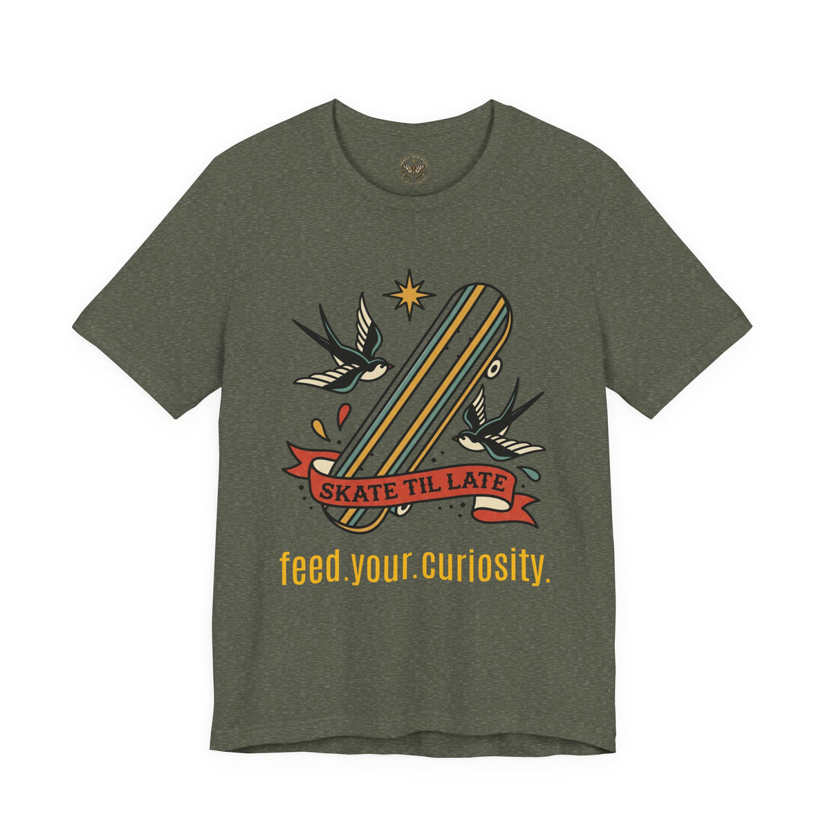 Skate Till Late Skateboard Tee | Traditional Tattoo Flash, Swallows & Banner — view 19