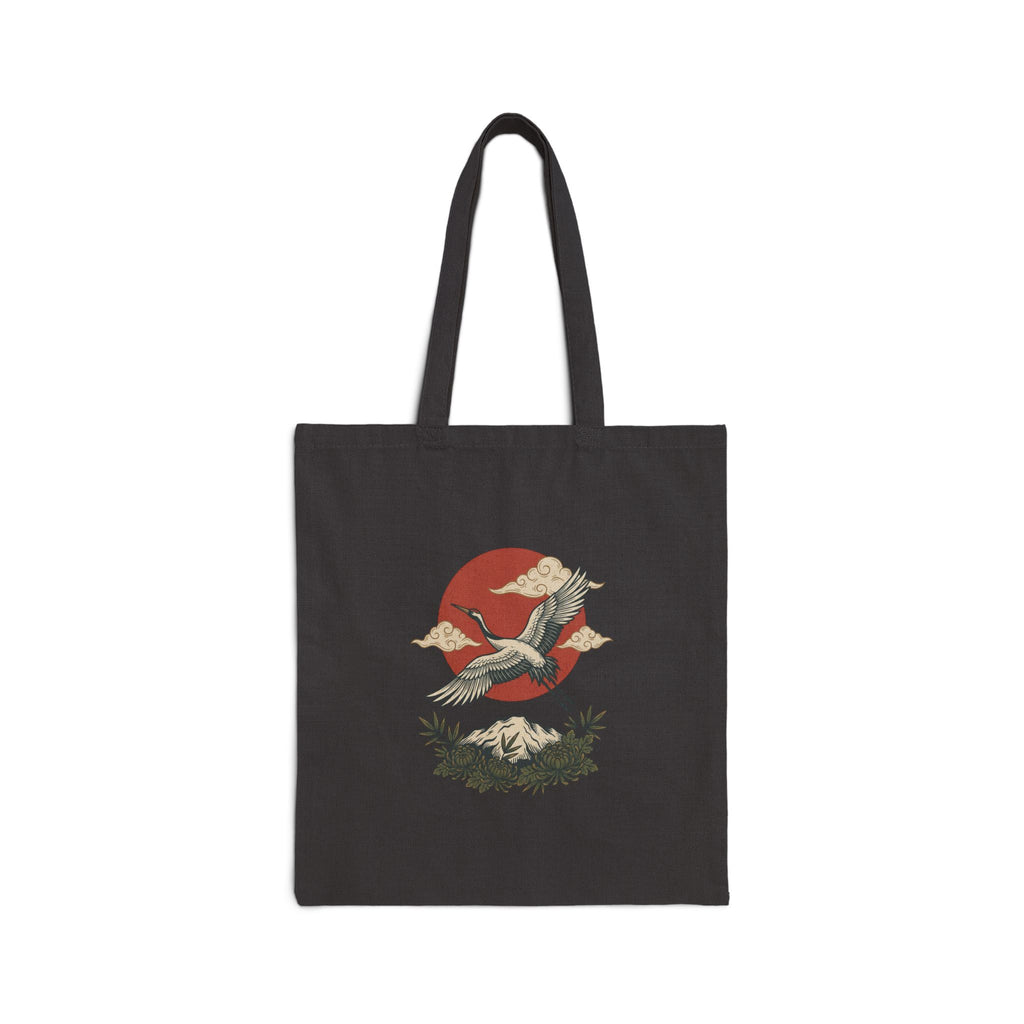 Vintage crane canvas tote with traditional tattoo-inspired bird and sun artwork — product view 2