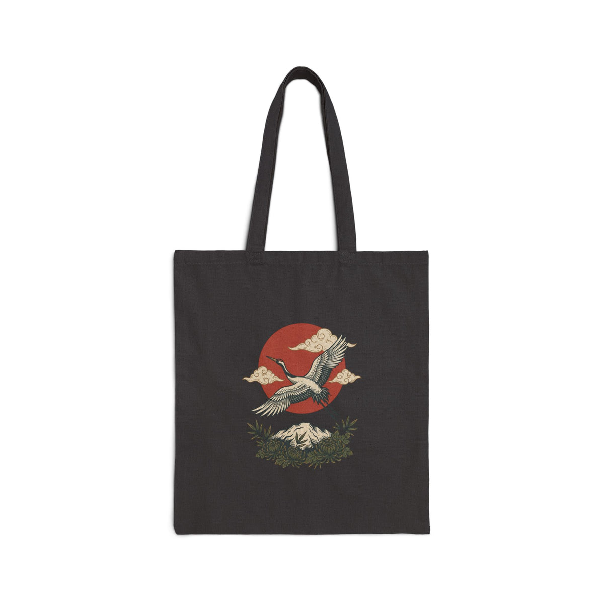 Vintage crane canvas tote with traditional tattoo-inspired bird and sun artwork — product view 2