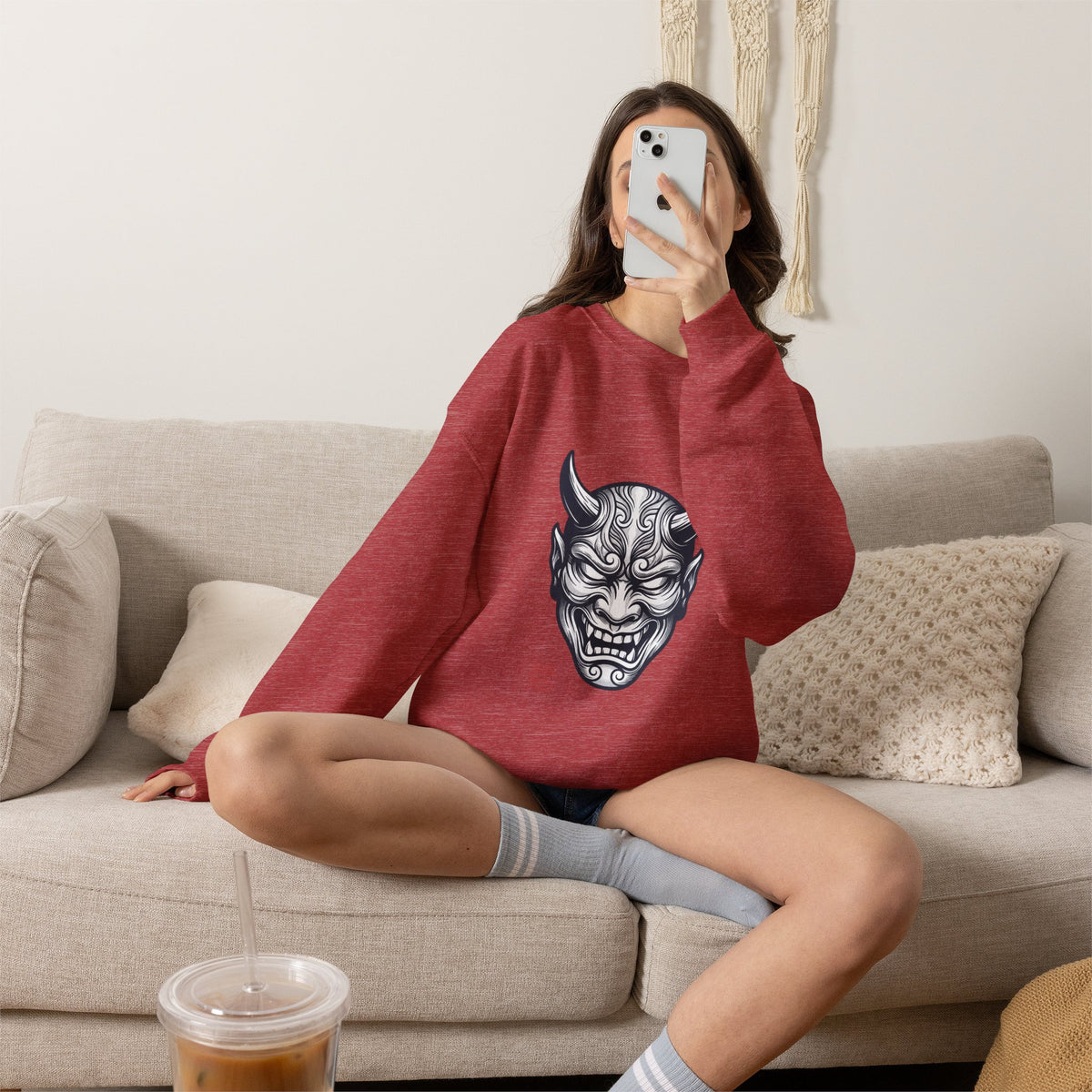 Oni Mask Illustration Crewneck Sweatshirt | Traditional Tattoo-Inspired, Bold Flash Art — view 9