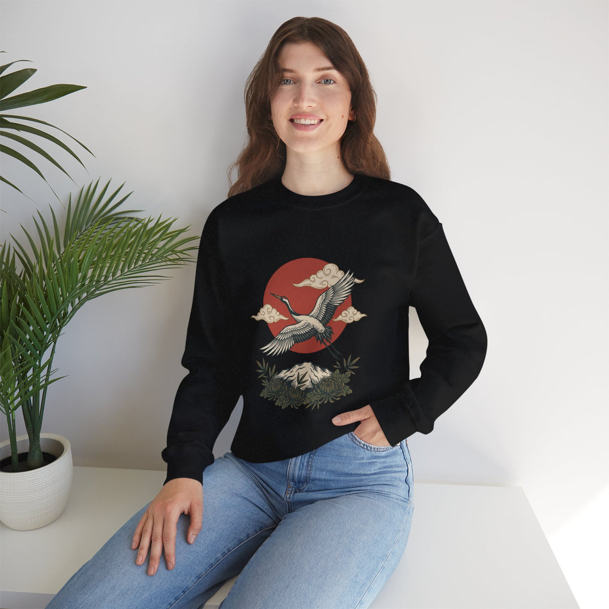 Traditional Tattoo-Style Crane Illustration Sweatshirt | Vintage Flash, Limited Palette — view 34