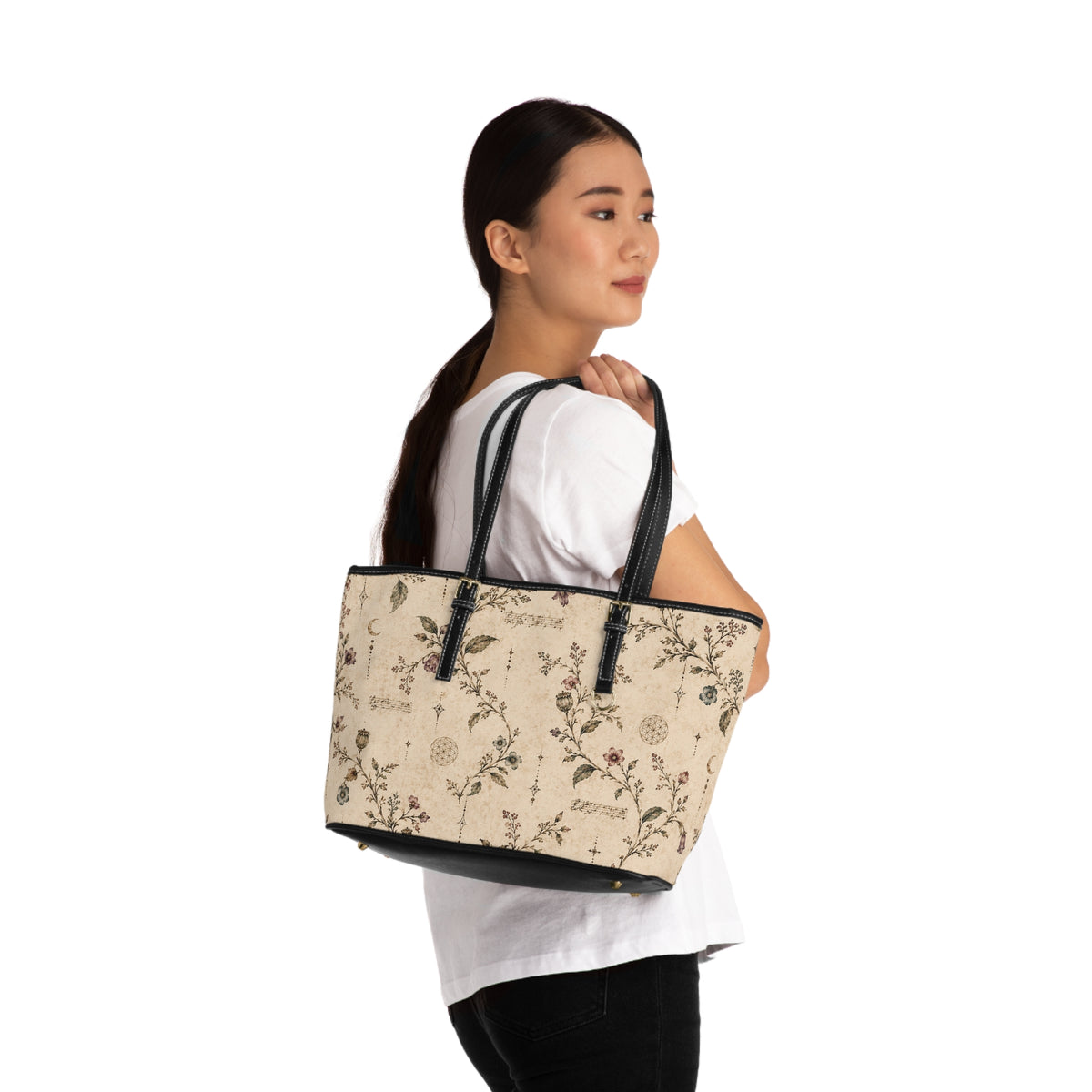 Floral Vintage Leather Over-Sized Shoulder Bag – Beige Botanical Shoulder Purse — view 8