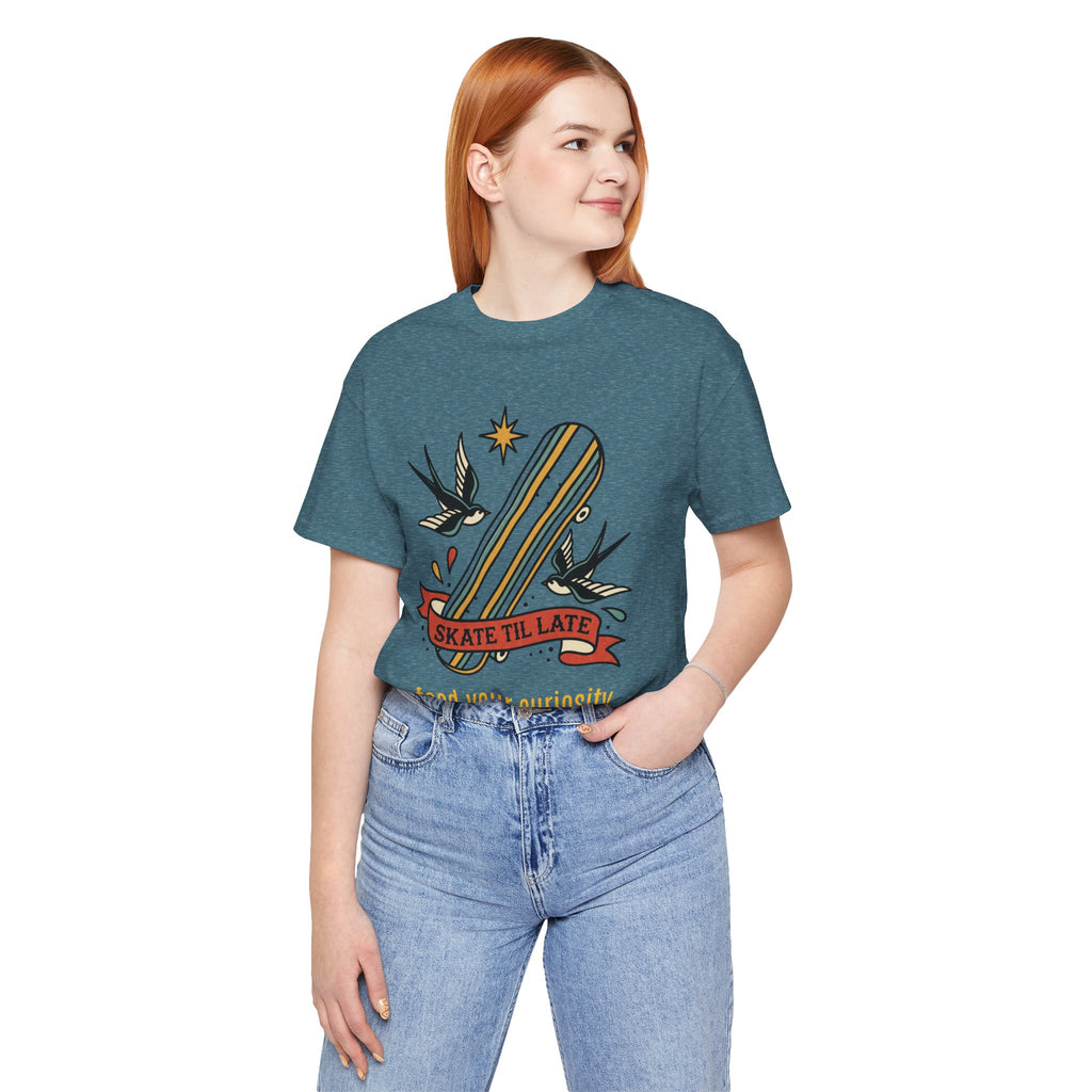 Skate Till Late Skateboard Tee | Traditional Tattoo Flash, Swallows & Banner — view 35
