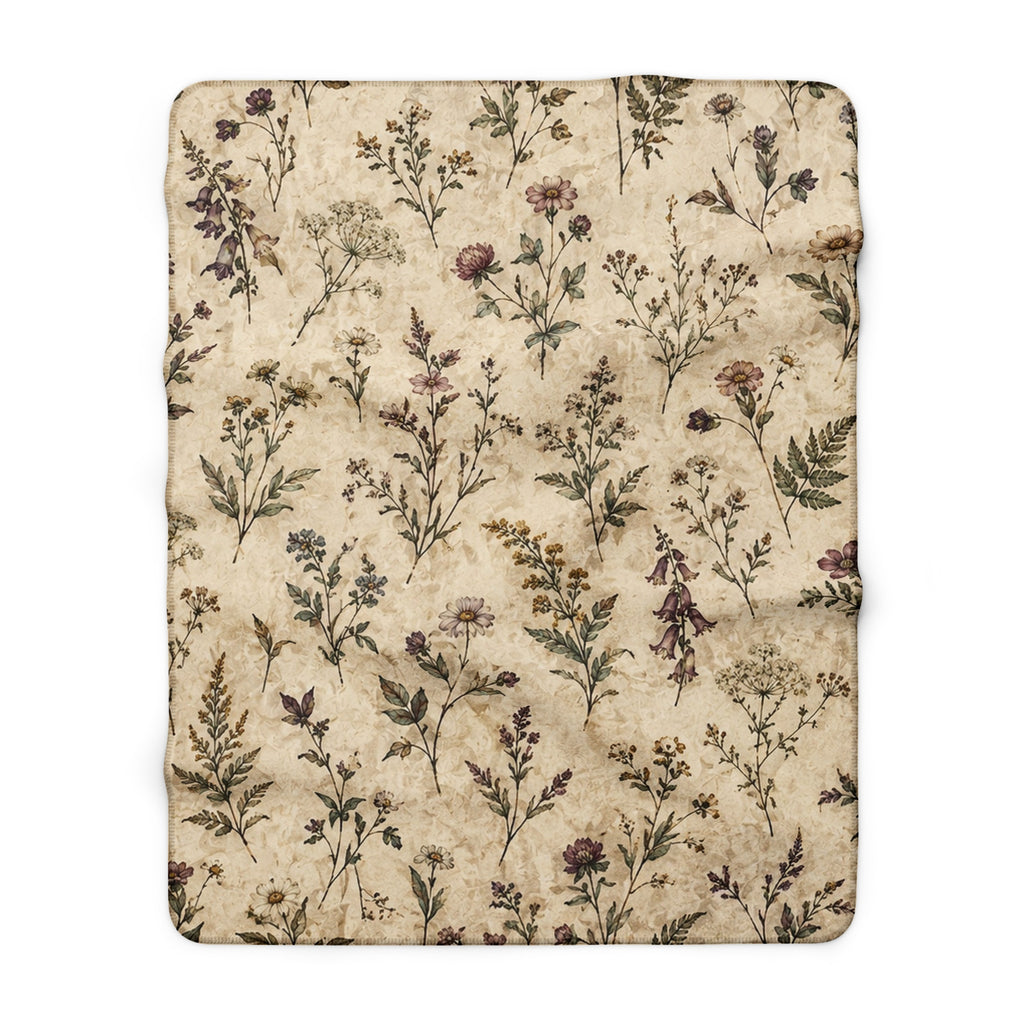 Floral Vintage Sherpa Blanket — Cozy Neutral Wildflower Throw