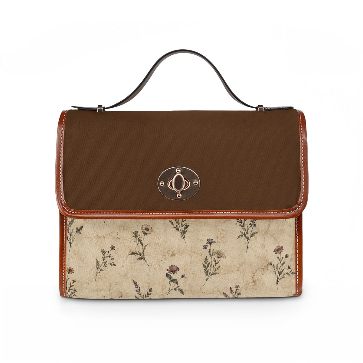 Vintage-Inspired Satchel Bag — Floral Accent, Leather Trim Waterproof Canvas Shoulder Bag — view 1