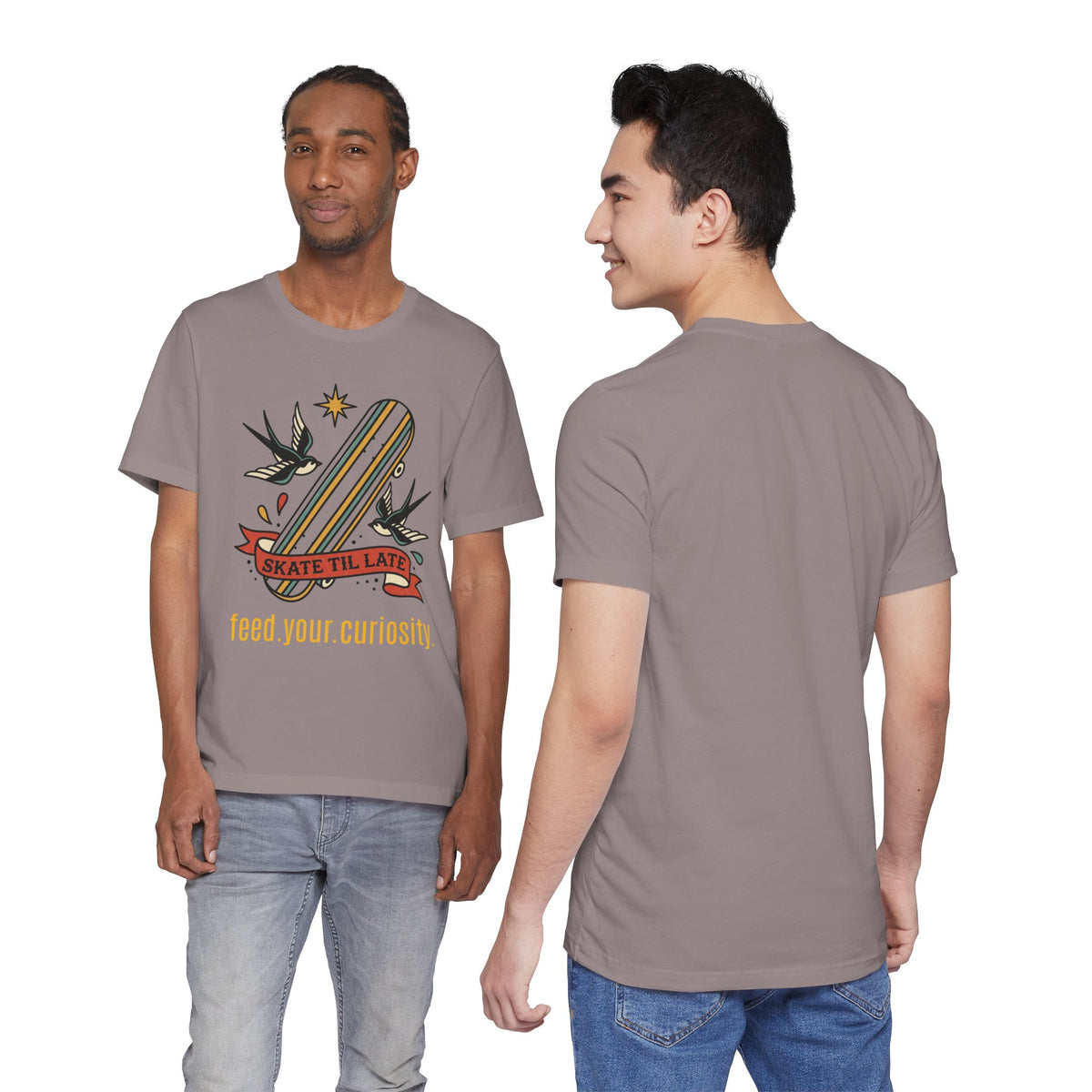 Skate Till Late Skateboard Tee | Traditional Tattoo Flash, Swallows & Banner — view 36