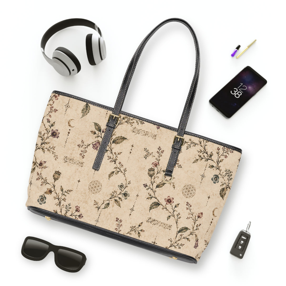 Floral Vintage Leather Over-Sized Shoulder Bag – Beige Botanical Shoulder Purse — view 1