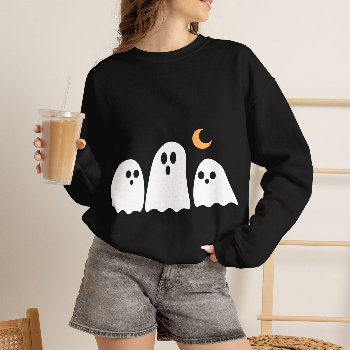 Cute Ghost Crewneck Sweatshirt — Trio of Ghosts with Crescent Moon (Halloween Pullover) — view 2