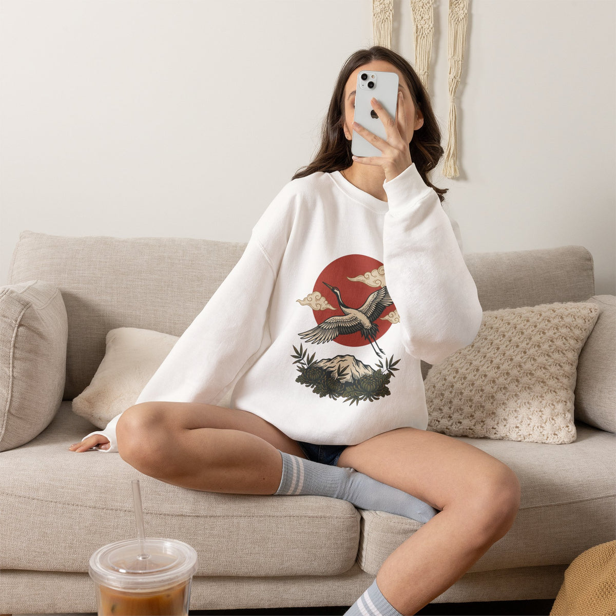 Traditional Tattoo-Style Crane Illustration Sweatshirt | Vintage Flash, Limited Palette — view 21