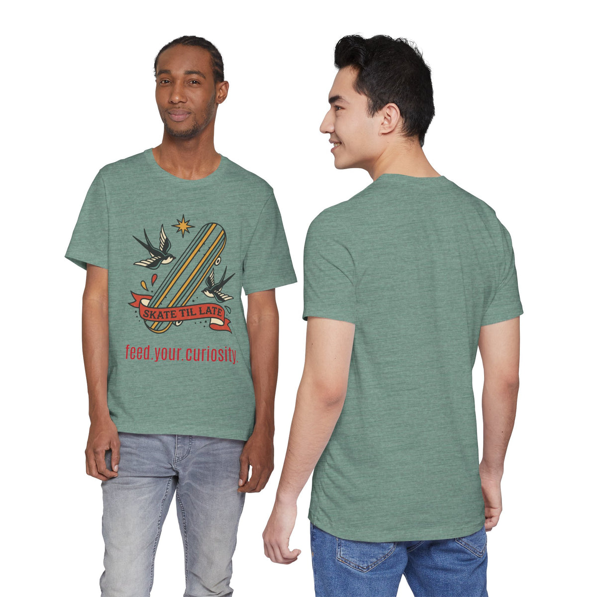Skate Till Late Skateboard Tee | Traditional Tattoo Flash, Swallows & Banner — view 32