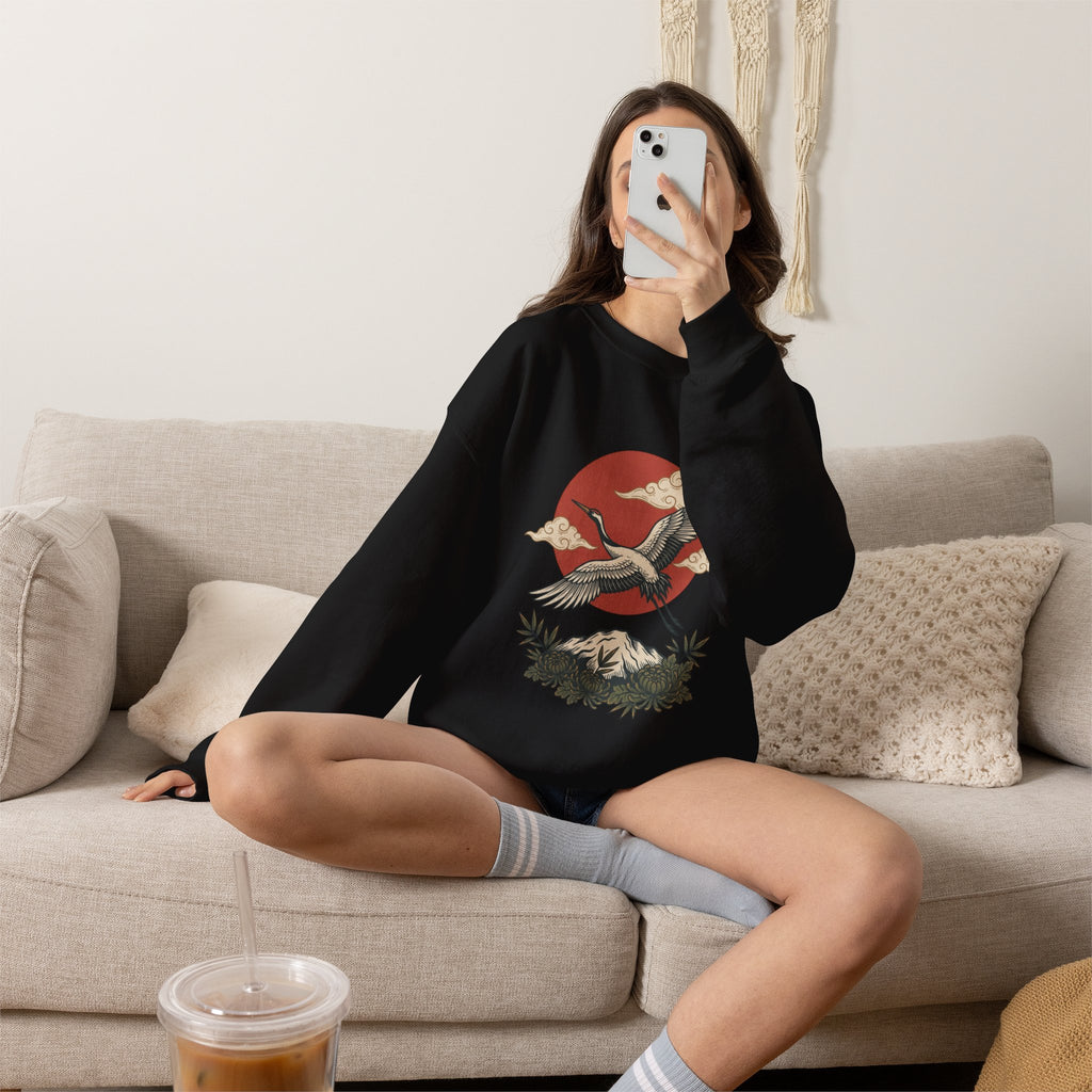 Traditional Tattoo-Style Crane Illustration Sweatshirt | Vintage Flash, Limited Palette — view 30
