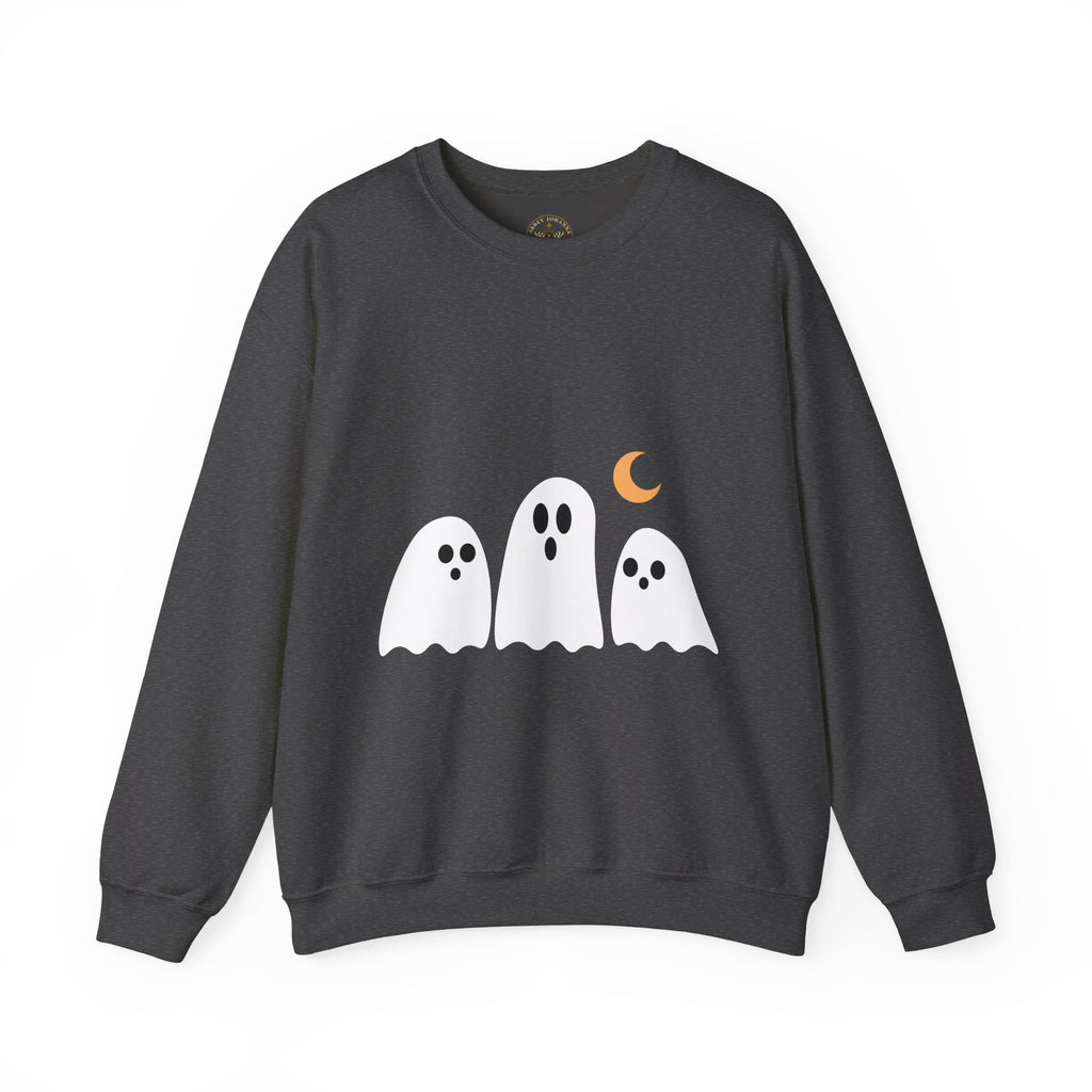 Cute Ghost Crewneck Sweatshirt — Trio of Ghosts with Crescent Moon (Halloween Pullover) — view 3