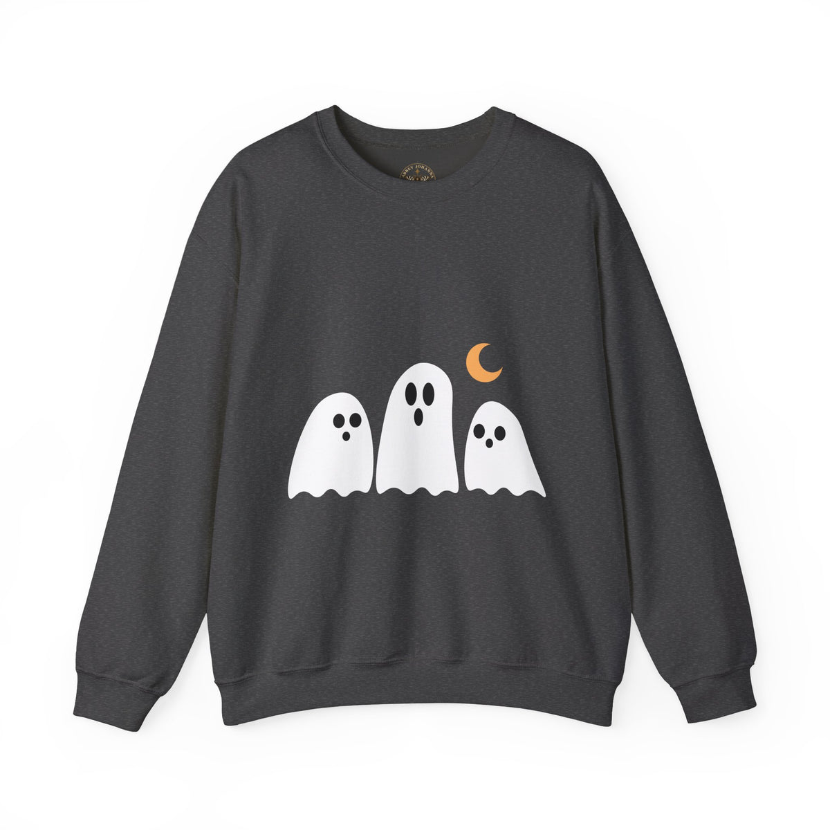 Cute Ghost Crewneck Sweatshirt — Trio of Ghosts with Crescent Moon (Halloween Pullover) — view 3