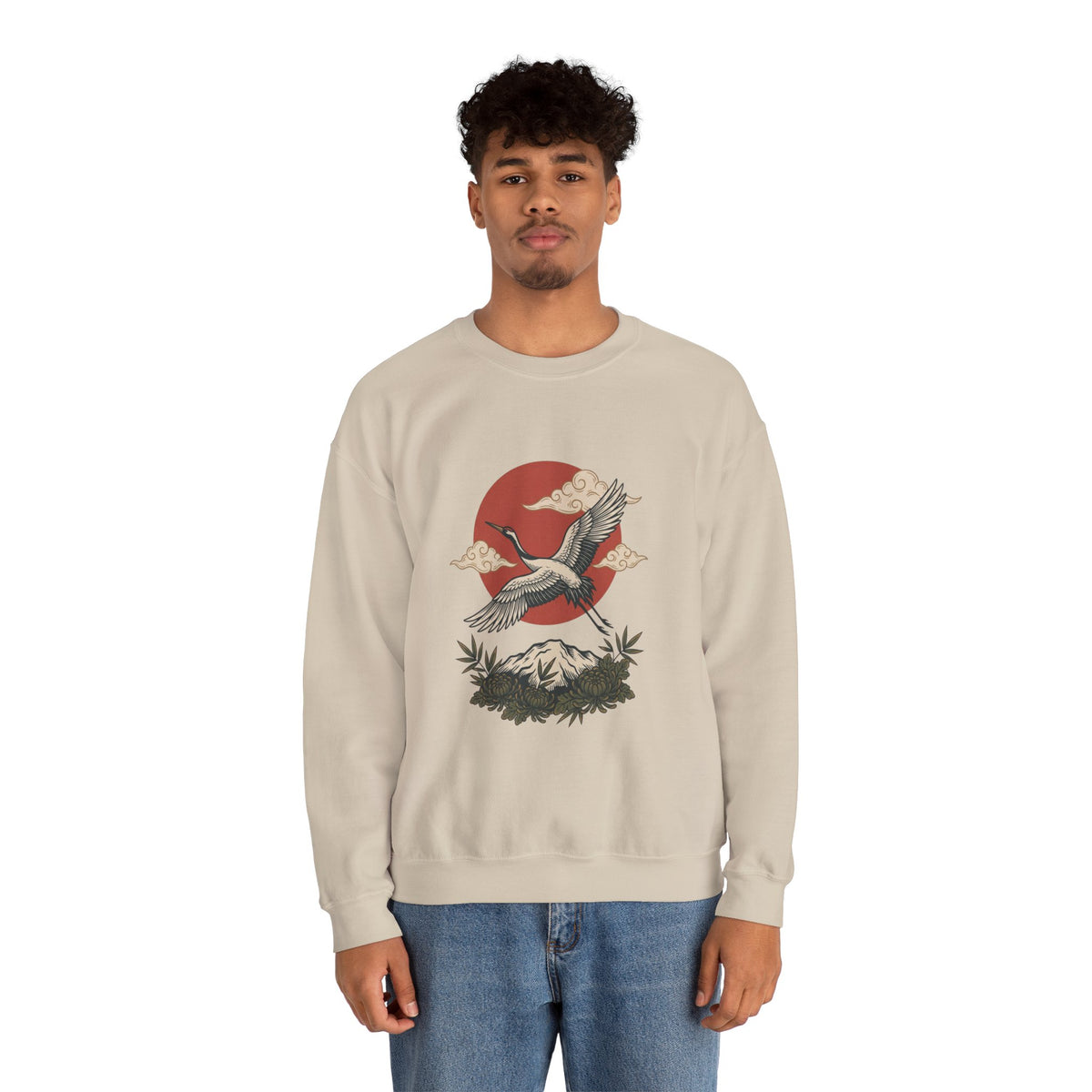 Traditional Tattoo-Style Crane Illustration Sweatshirt | Vintage Flash, Limited Palette — view 40