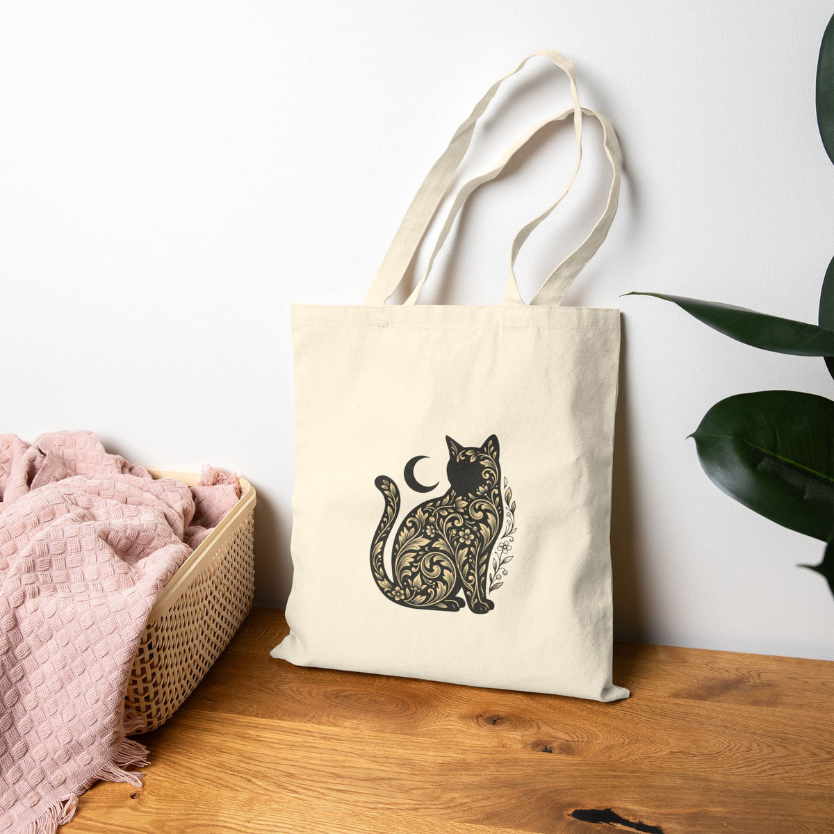 Floral Black Cat Tote | Gothic Botanicals Canvas Tote — view 3